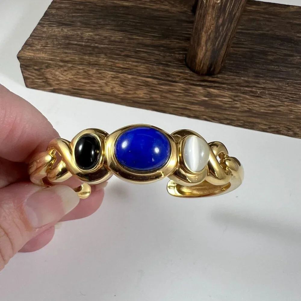 KY LO 925 Sterling Silver Gold-Tone Cuff Bracelet With Blue Black & White Gemsto - Picture 3 of 4